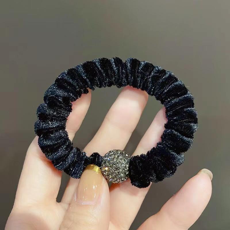 Mode Glänzende Kristallkugel Samt Dünnes Elastisches Gummiband Einfarbig Schwarz Haargummi Scrunchies Haarband Seil Für Frauen