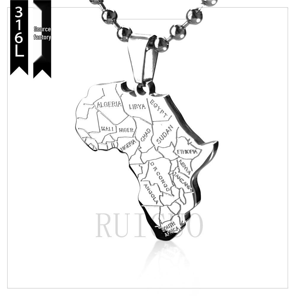 Stainless Steel Engraved Men's Tropical Rainforest Continent Pendant Necklace