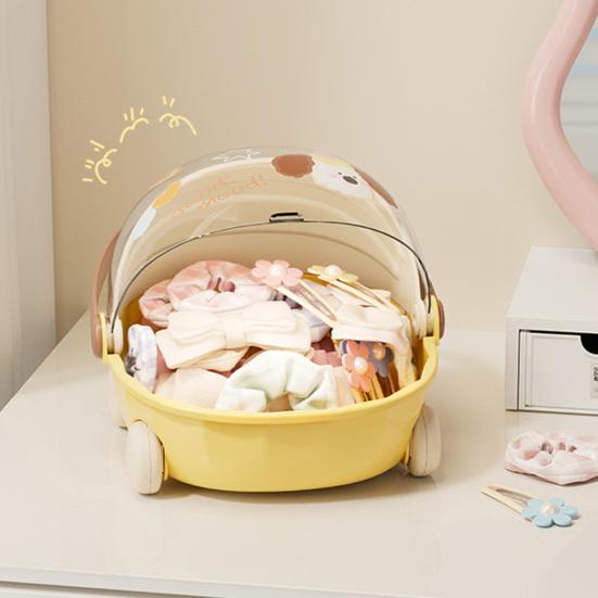 Storage Box Cartoon Trolley Shape Display Case with Handle And Rotating Dust-Proof Cover Organizer for Dolls Jewelry Stationery