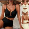 Europäischer und Amerikanischer Einfarbiger Bikini V-Ausschnitt Ausgehöhlt Hohe Taille Badeanzug Textur Plissiert Schmuck Badeanzug Bikini Damen