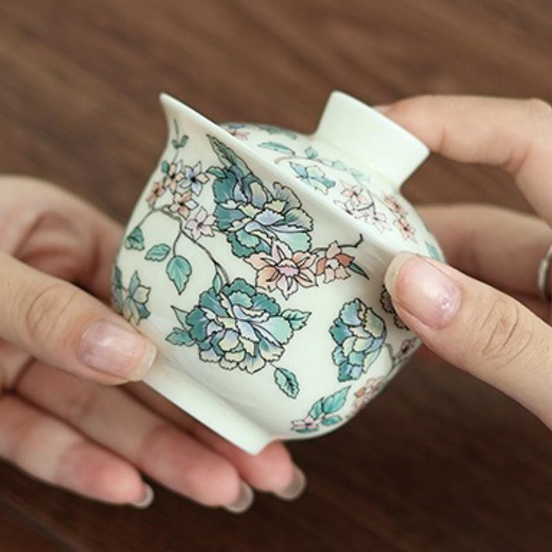 Porcelain Camellia Pattern Tea Tureen Kungfu Tea Cup Set Tea Infuser Traditional with Cover Teacup Tea Sealed Storage Jar