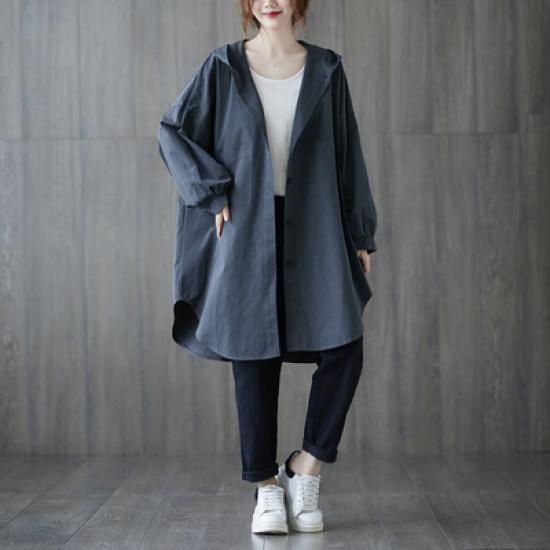 2025 Autumn New Loose Plus Size Hooded Mid-Length Casual Shirt Jacket for Women
