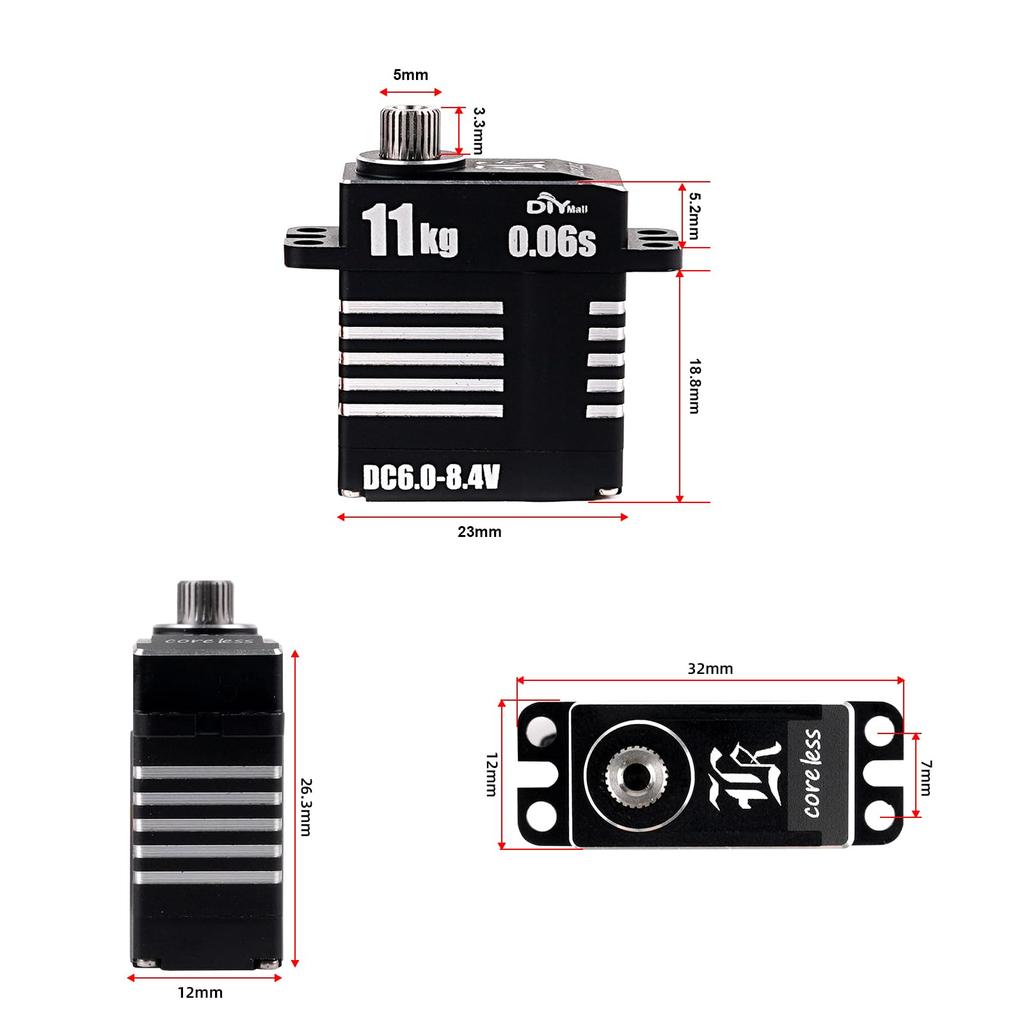 Micro 11KG 0.06S Digital Coreless HV Programmable Servo, 8.4V, 180/270/360 Degrees, Metal Gear, for RC Cars (270 Degrees)