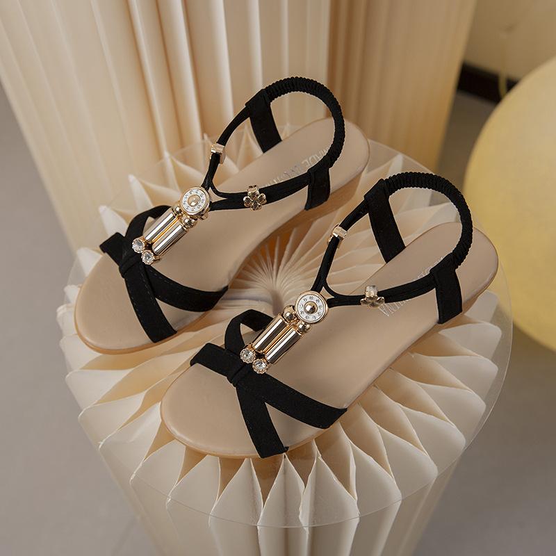 

Мода 2025 Весна и Лето Новые Сандалии на танкетке с перекрестным Т-образным ремешком, Декоративный дизайн с бусинами, Женская обувь с тройной эластичной резинкой сзади 35 чёрный