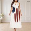 Women Plus Size Sleeveless Maxi Dress Round Neck Triple Keyhole Cutout Star Stripe Print Red Blue Off White