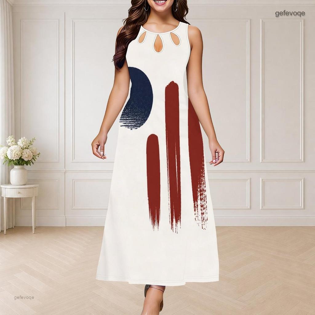 Women Plus Size Sleeveless Maxi Dress Round Neck Triple Keyhole Cutout Star Stripe Print Red Blue Off White