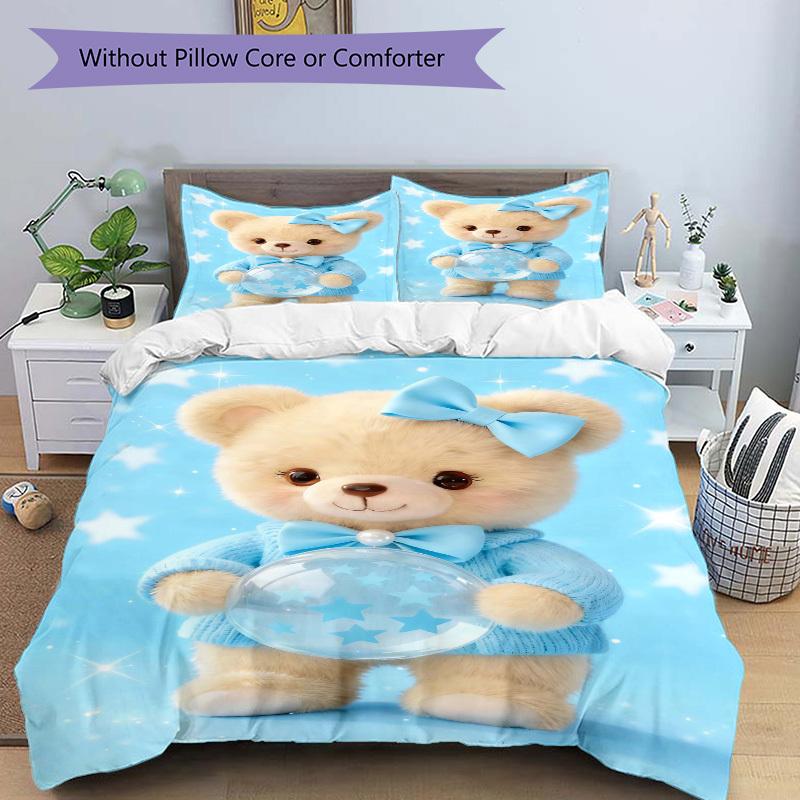 3pcs Anime Cartoon Design Teddy Bear Bedding Set - Includes One Quilt Cover and Two Pillowcases (No Core) - Perfect for Bedroom and Guest Ro
