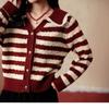 Vintage Striped Lapel Jacket Women's Autumn Large Size Loose and Skinny Knitted Cardigan Women's Sweater