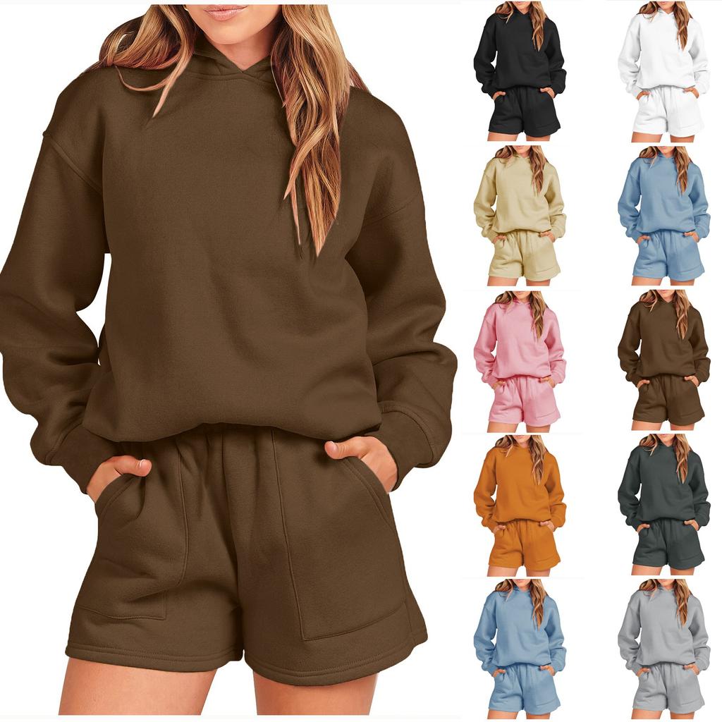 Women's Autumn And Winter Pullover Hooded Top Long-sleeved Solid Color Sweater Home Casual Shorts Two-piece Sports Suit
