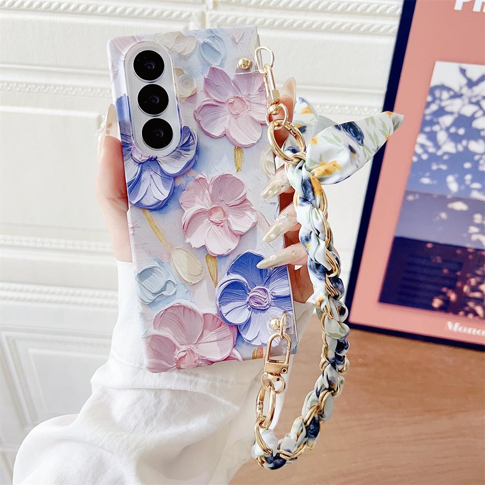 Relief Flower Phone Case For Samsung Galaxy Z Fold 7 5G Scarves Bracelet Hand Strap Protective PC Hard Shell Fold7 Back Cover