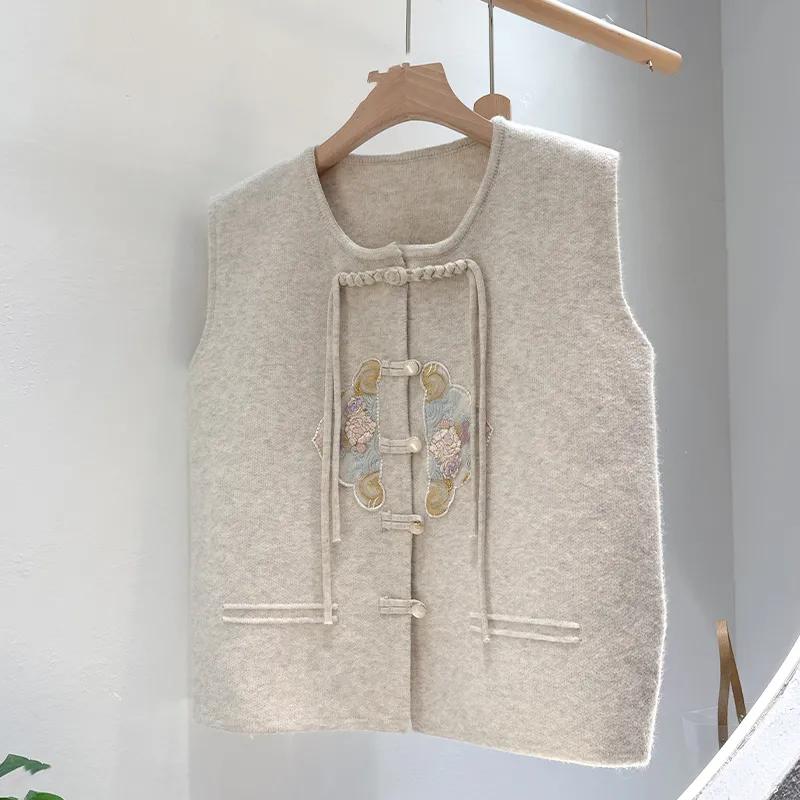 Vest Gilet Spring and Autumn Button Outerwear Chinese Style National Wind Versatile Embroidered Cardigan Knitted Outer Sweater Women's