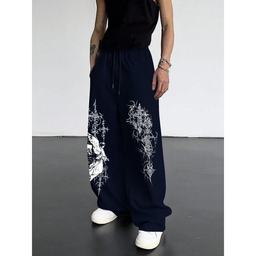 Pantaloni Sportivi Larghi in Poliestere Casual con Stampa Angelo Oscuro da Uomo, Pantaloni a Gamba Larga Street Wear High Street, alla Moda Stile Hip-hop