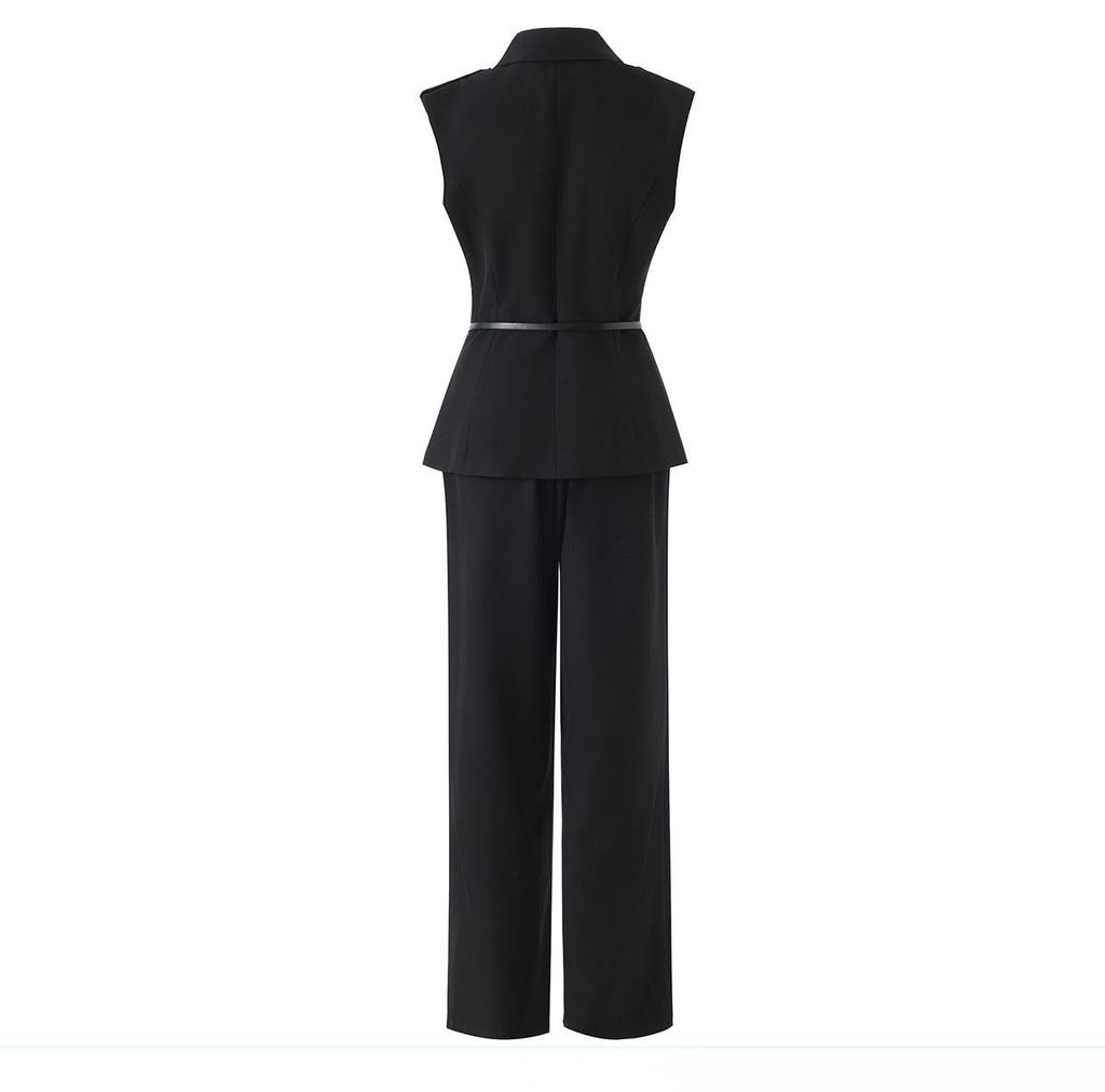 Women's Spring/Summer Age-Defying Suit Set: Waist-Cinched Vest & Draped Wide-Leg Pants.