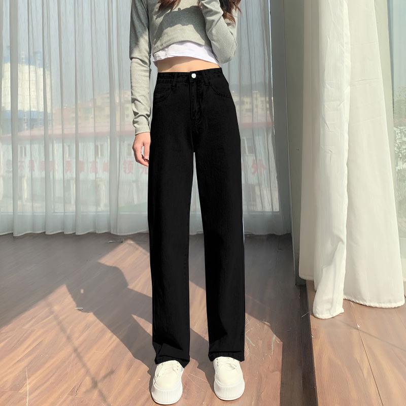 Women's High Waist Black Gray Wide-Leg Jeans - Slim, Floor-Length, Autumn/Winter 2021 Style