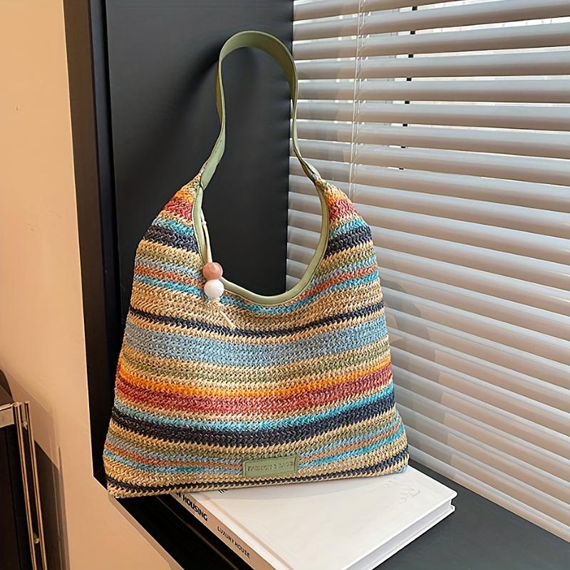 Bohemian Multicolored Striped Handbag with Tassel Decoration  A Lightweight Beach Bag Suitable for Travel, Vacation, and Leisure