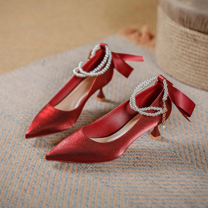 

Red wedding shoes bow pointed high heels thin heel Mary Jane shoes 2025 new spring and autumn pearl medium heel single shoes 39 бордовый