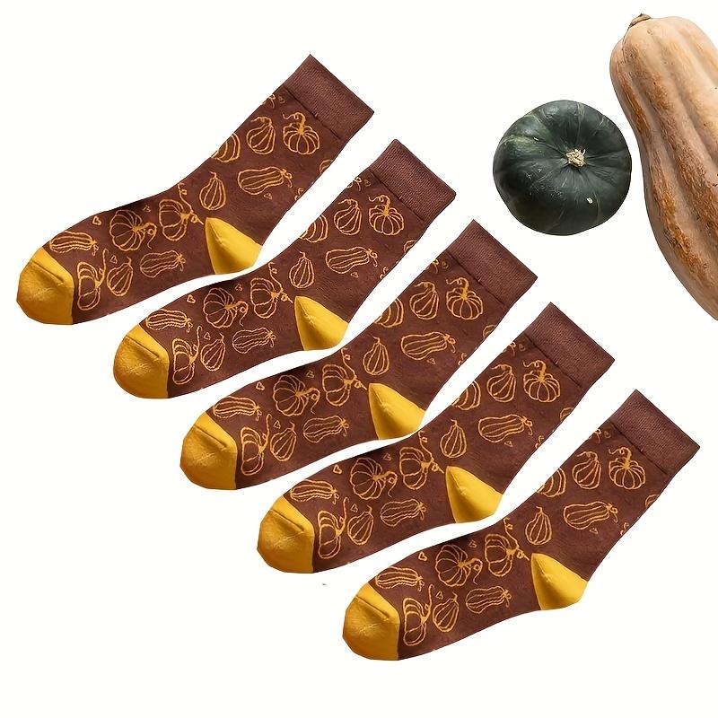Autumn-Inspired 5 Pairs of Knee-Length Socks with Cartoon Squirrels and Pumpkins Design, Comfortable Fit Polyester Blend with Stretch
