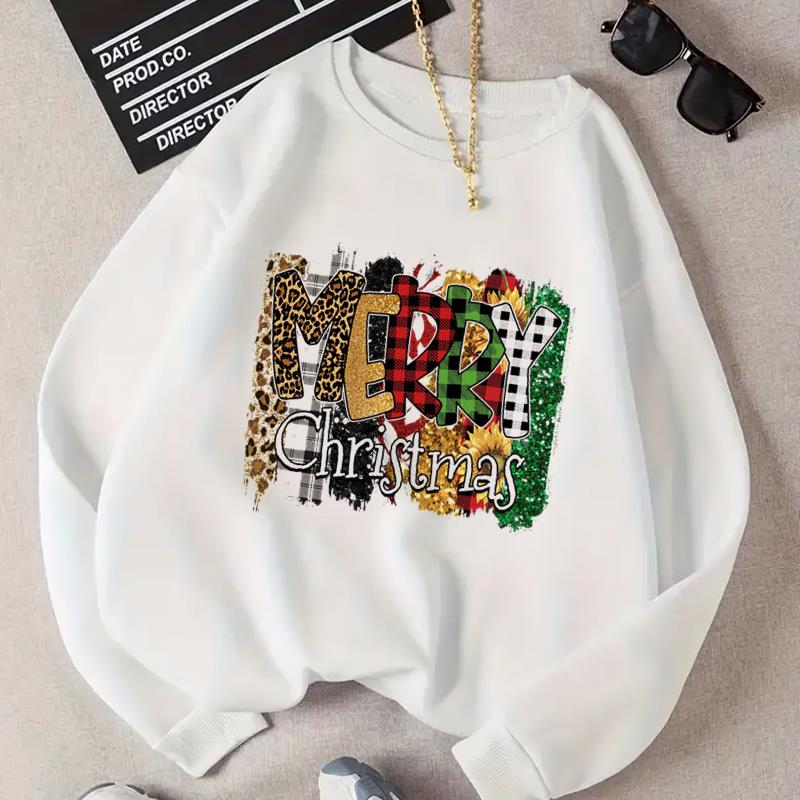 

(Азиатский размер) Женский принт Happy Holiday Merry Christmas Sweet Time Новогодний принт Модные повседневные пуловеры Одежда Кофты с графикой