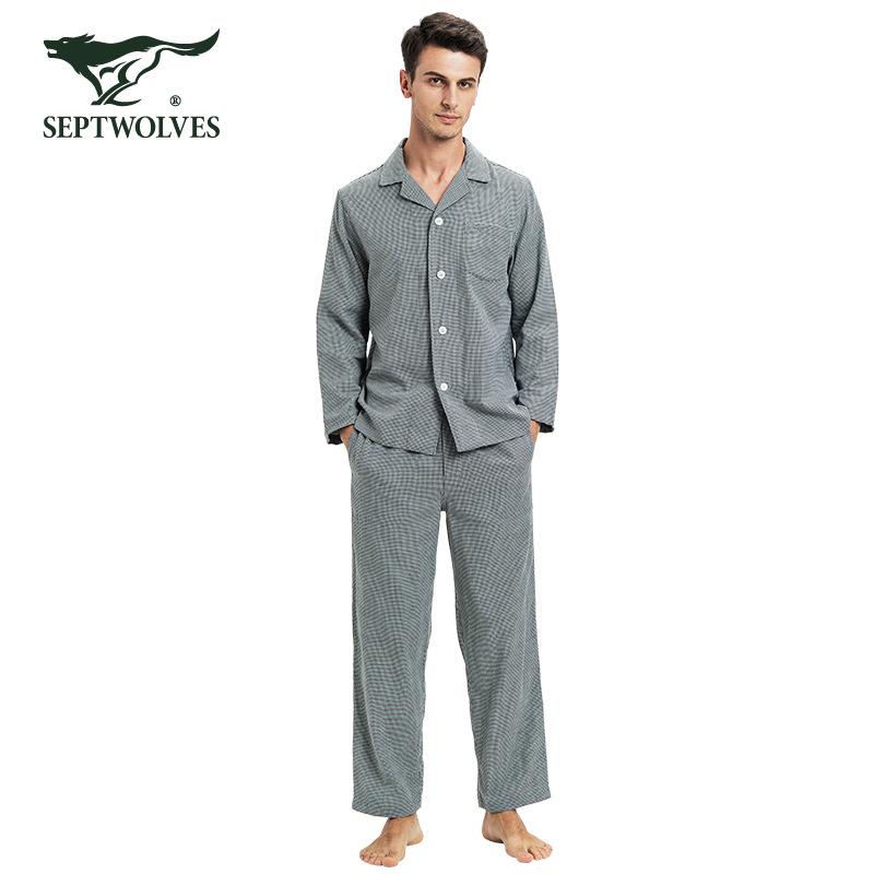 

Мужской хлопковый пижамный комплект Seven Wolves с лацканами - Удобный кардиган для повседневной домашней одежды на весну/лето L