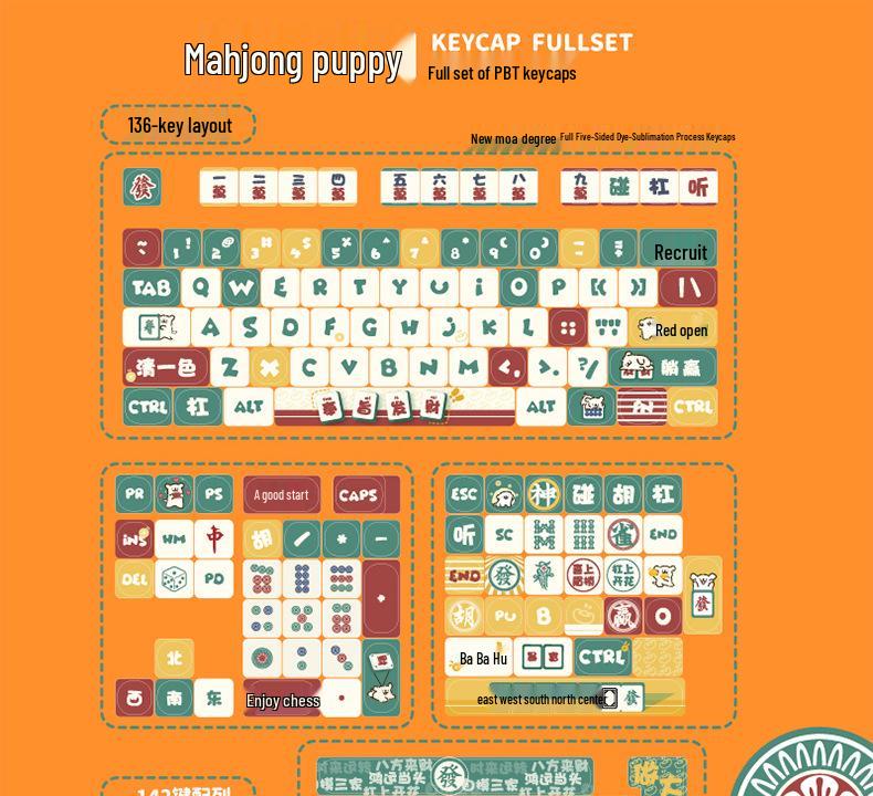 Mahjong Puppy Moa Five-Sided Dye-Sublimation Custom Cute Theme Keycaps for Mechanical Keyboards