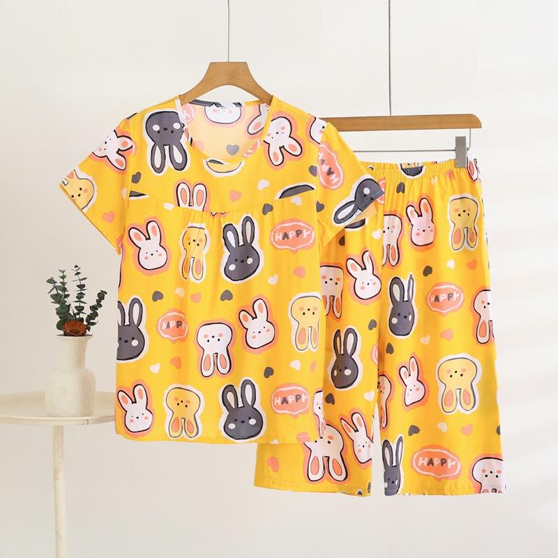 Summer Short-sleeved Home Wear Set, Women's Thin Round-neck Top, Shorts, Two-piece Loose Pajamas