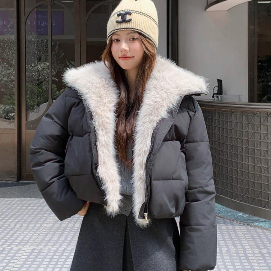 Winter plush splicing short cotton-padded clothes women's large lapel collar large fur collar loose and thin cotton-padded jacket entity
