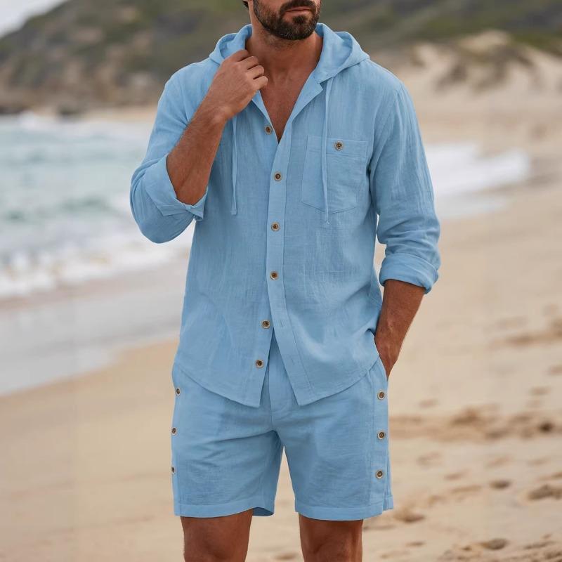 Conjunto de Camisa de Lino con Capucha y Botones de Color Sólido para Hombre y Pantalones Cortos de Verano