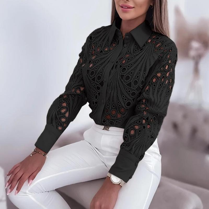 Damenblusen Ausgeschnitten Langarmshirt Lässig Einfarbig Knopfleiste mit Kragen und Offene Vorderseite Camisas Femininas