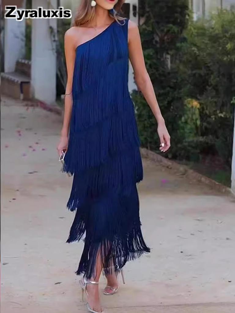Fashion Fringe Asymmetric One-Shoulder Dress Spring Summer New Arrival