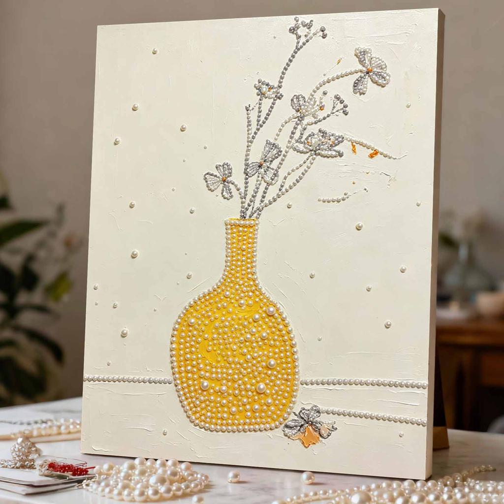 Yellow Vase with Flowers Pearl Art Kit with Frame 3D Sparkling Canvas Painting Elegant Luxury Room Wall Decor Art Gift for Home Decoration