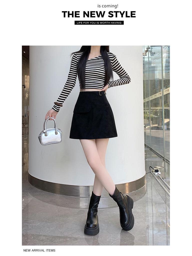 Plus Size Women's Brown Suede A-line High Waist Short Skirt for Spring & Autumn