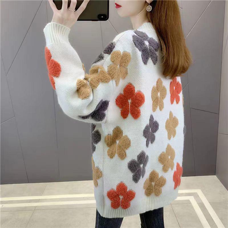 Large Size Sweater Coat Women Autumn Flower Loose Comfortable Stretch Cardigan Pocket Casual Knitted Jacket