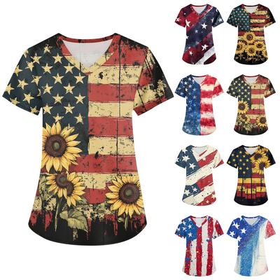 Women's Fashion V-neck Short Sleeve Workwear With Pockets Printed Tops