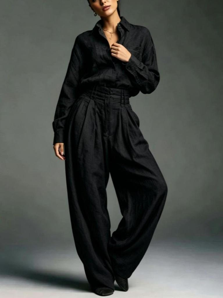 European Solid Color Shirt & Wide-Leg Pants Set - Women's Loose High-Waisted Fashion Two-Piece 2026 Collection