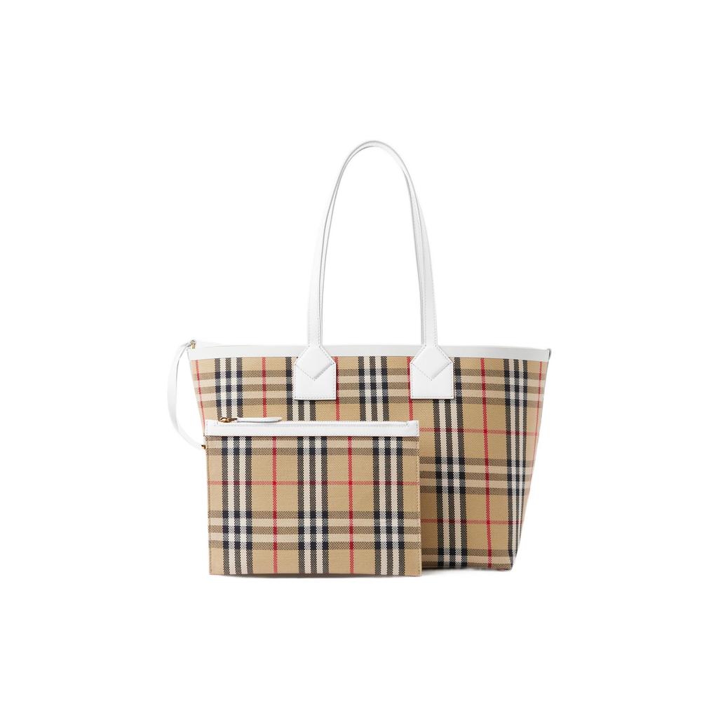 Burberry London Abnehmbare Reißverschluss-Aufbewahrungstasche Offenes Design Leder Leinwand Tragetasche Einkaufstasche Handtasche Klein Damen-Tote Beige Weiß 80723311