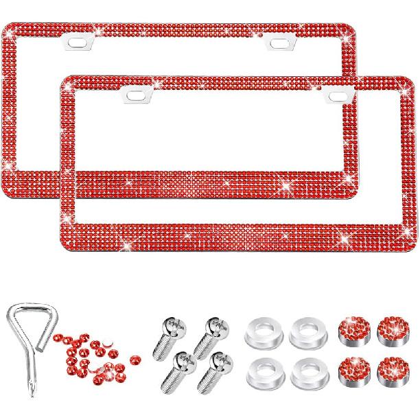 2PCS Bling Car License Plate Frame, Stainless Steel Rhinestone Vehicle License Plate Cover with Screws Caps, Sparkly Automotive Decoration