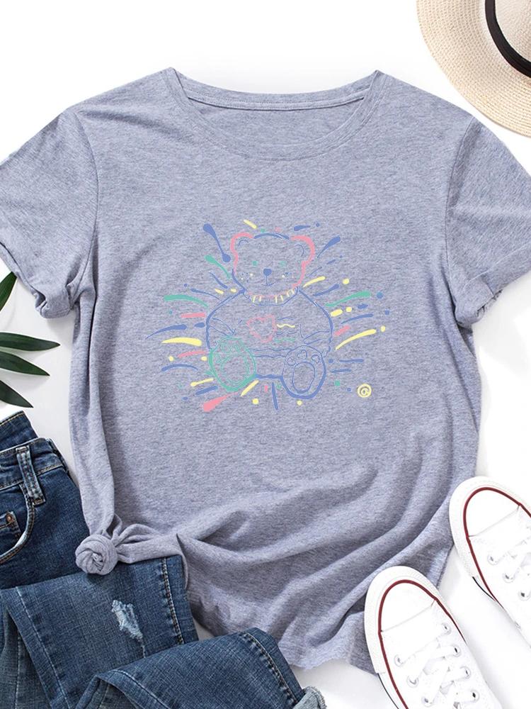 Colorful Fireworks Bear Print T Shirt Women Short Sleeve O Neck Loose Tshirt Summer Women Tee Shirt Tops Camisetas Mujer