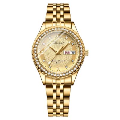 Wasserdichte Damenarmbanduhr mit leuchtendem Zifferblatt, großem rundem Zifferblatt, Kalenderfunktion, Armband aus Edelstahl und Gold, Strichindizes, verstellbares Quarzwerk