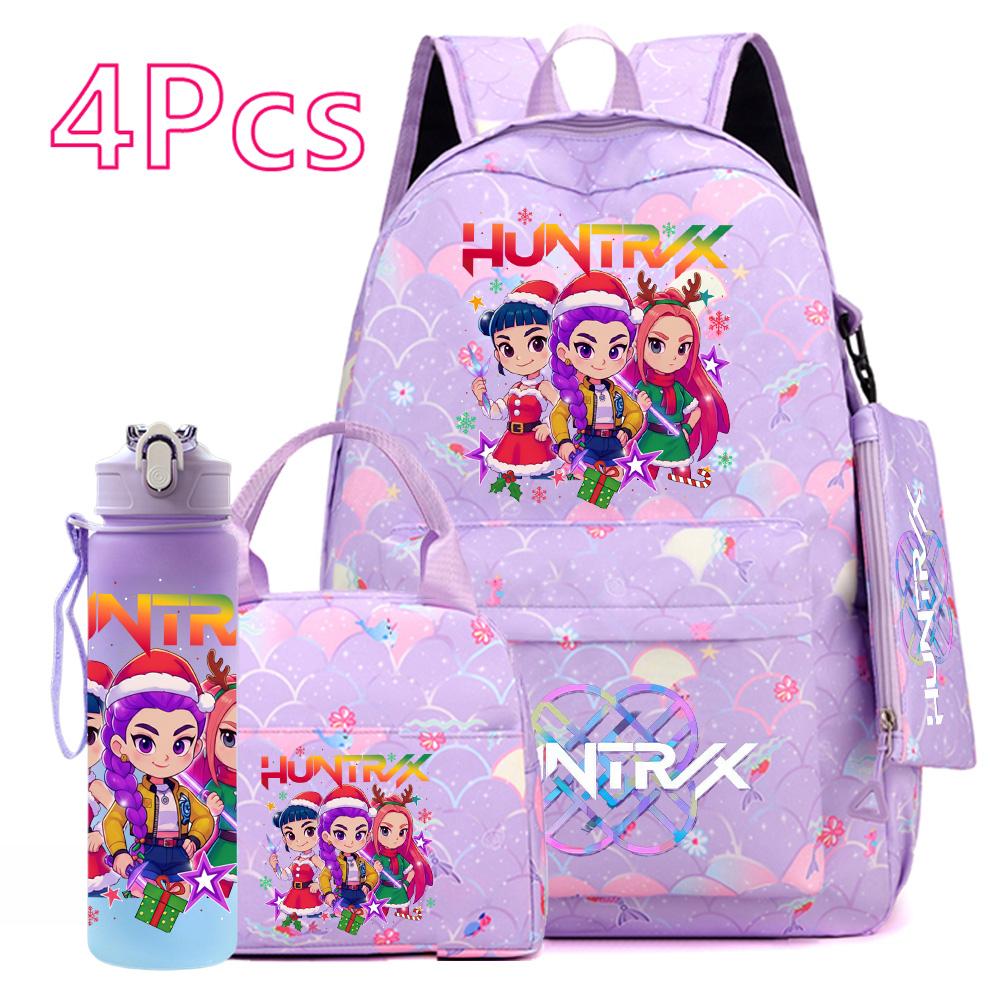 4Pcs/set Christmas KPOP Printed Backpack with Handbag Pencil Case 750Ml Water Bottler for Teenager Boy Girl Large Capacity Bookbag Schoolbag Kid Gift