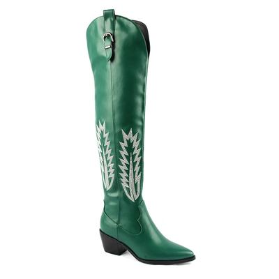 Fashion Classic Western Cowboy Boots for Women Knee High Boots Embroidered Pointed Toe Chunky Heel Shoes Woman Winter Fashion Green Boot