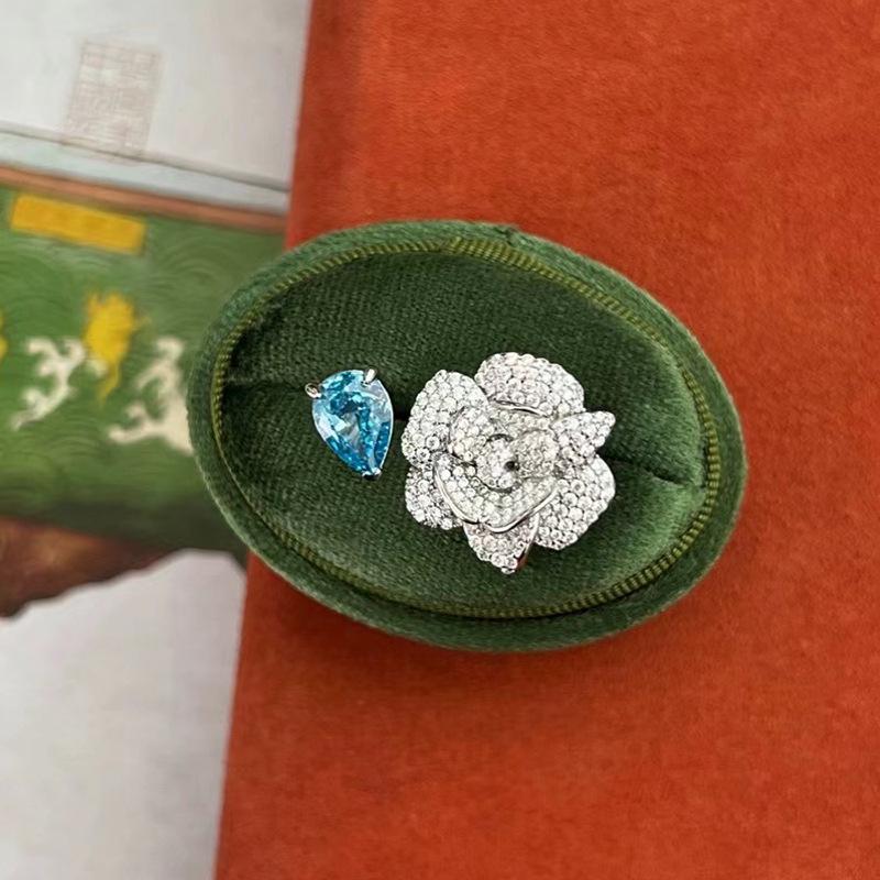 Luoxi Temple 2024 Camellia Ring: 925 Silver with 7x10mm Aquamarine Ice Flower Cut