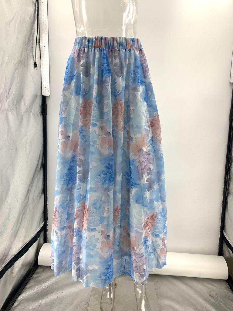2025 New Summer European & American Chiffon Print Elastic Waist Skirt for Women