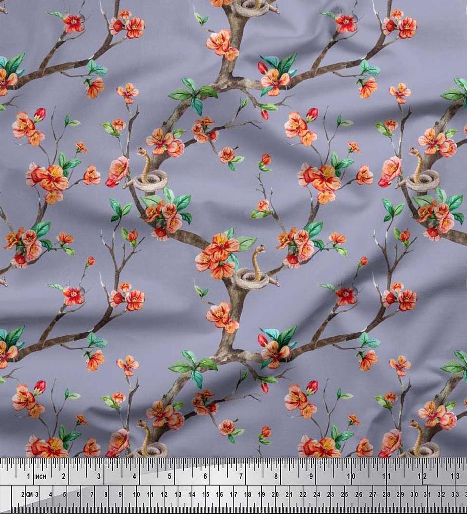 Soimoi Japonská krepová saténová látka Had, listy a květy, květinový potisk v metrech 42 palců