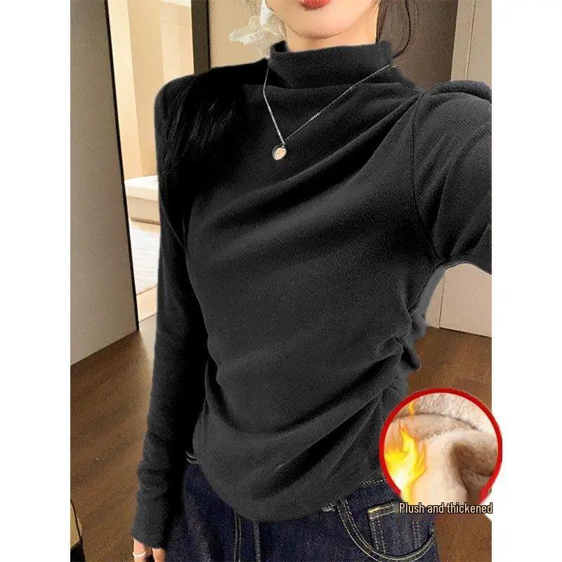 Women s Pleated Half-High Collar Plus Velvet Long-Sleeved T-Shirt, Autumn/Winter, Cinched Waist, Niche Inner Base Top XXL