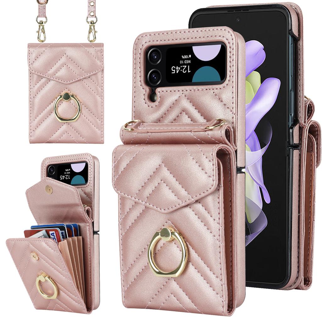 Fashion Leather Phone Case For Samsung Galaxy Z Flip 5 4 Z Flip 3 5G With Long Lanyard Crossbody Bag Wallet Holder Protect Cover