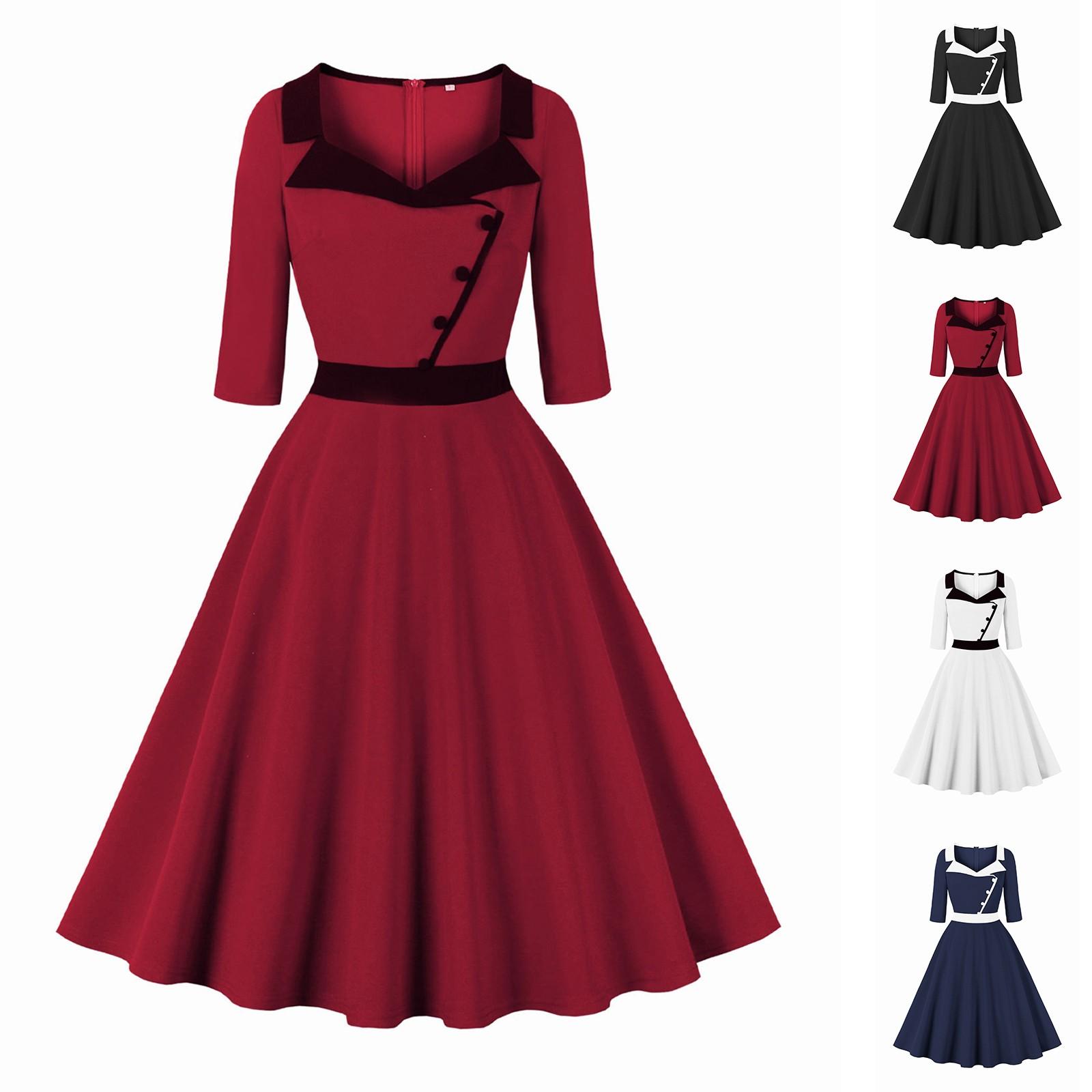 

Women s Three-quarter Sleeve Solid Color Retro Suit Collar Mid-length Dress With Big Swing Skirt L чорний