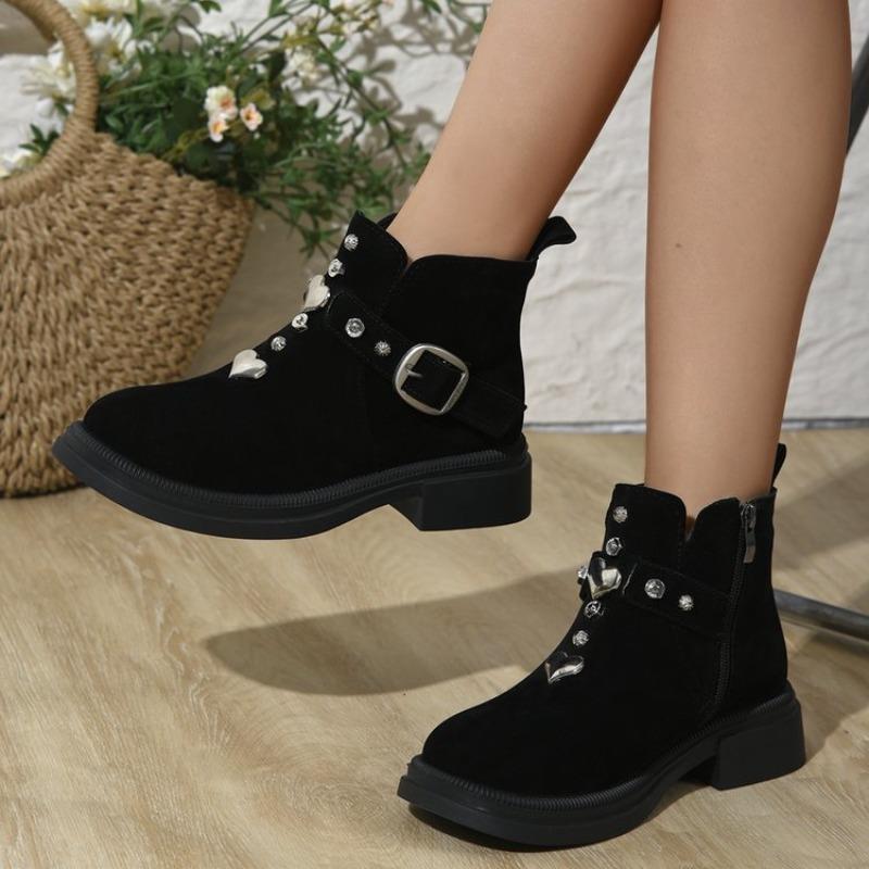 

Модные женские толстые одинарные ботинки, осенние, новые, с круглым носком, замшевые, с заклепками, с боковой молнией, противоскользящие, износостойкие, короткие ботинки 42 чёрный