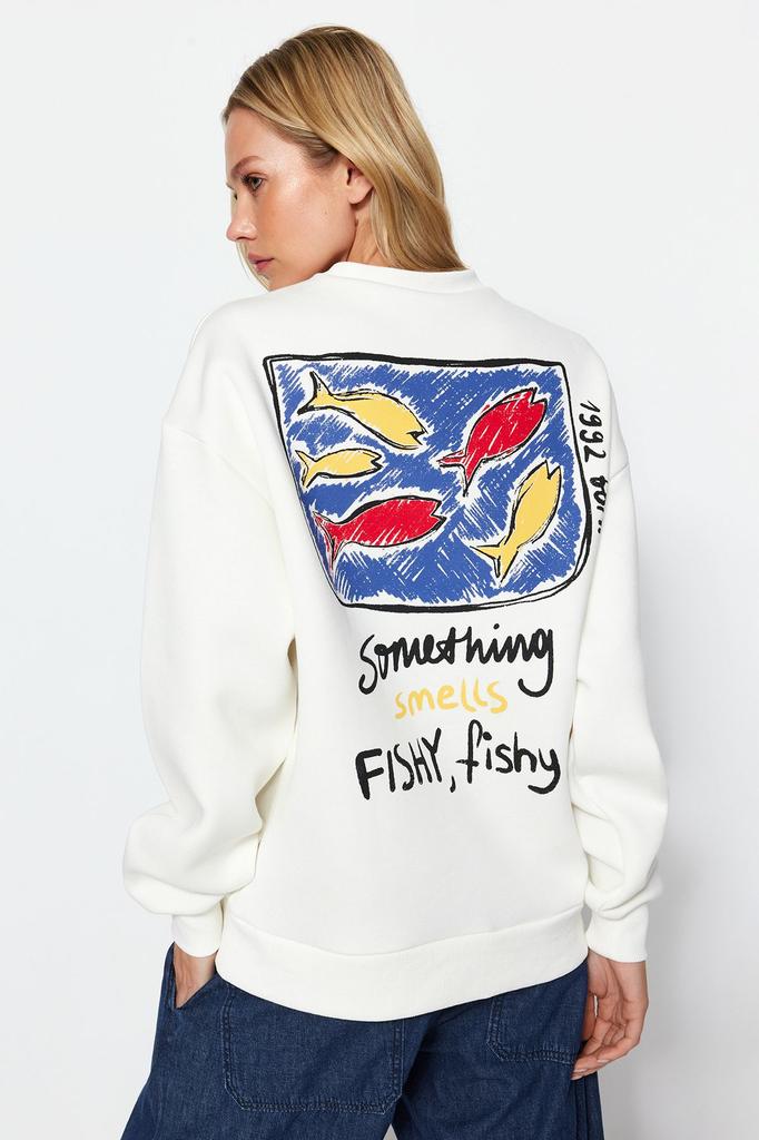 Women's Fashionable Stylish Sweatshirt Navy Blue Printed Oversize Crew Neck Knitted Sweatshirt