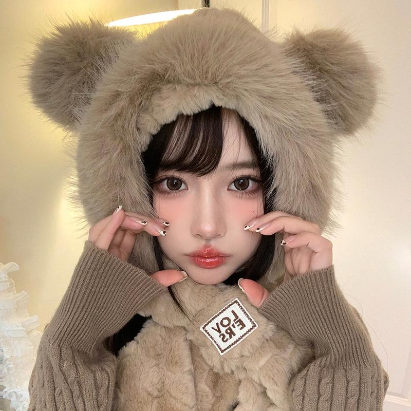 Orelhas de Urso Outono e Inverno Chapéu Lei Feng Feminino Chapéu de Pelúcia Cachecol Integrado Chapéu Pulôver Quente Conjunto Fofo Versátil de Duas Peças