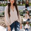 Fashion Women's Fashion Casual Solid Color Print Long Sleeve V Neck Blouses & Shirts